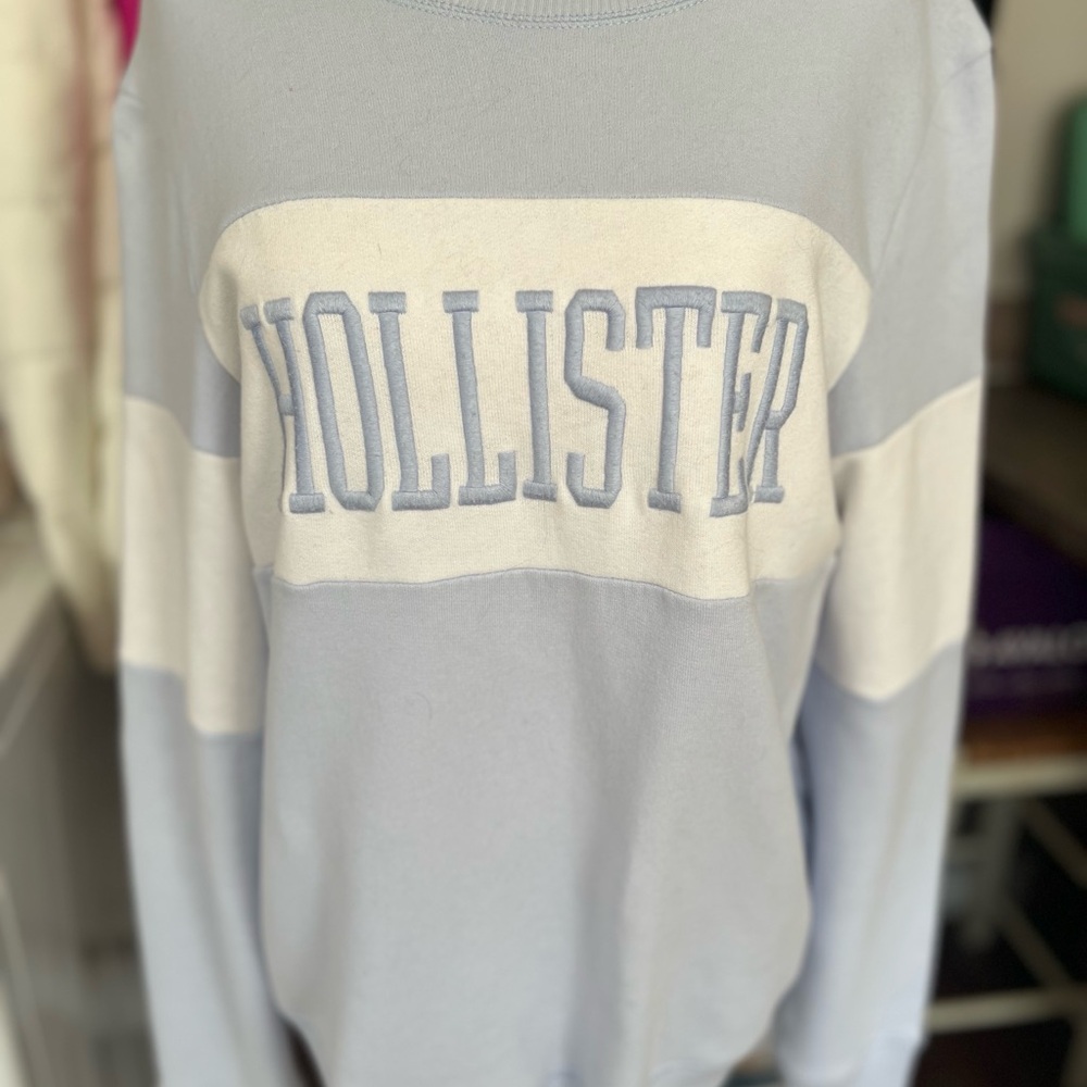 Hollister Light Blue and White Sweatshirt